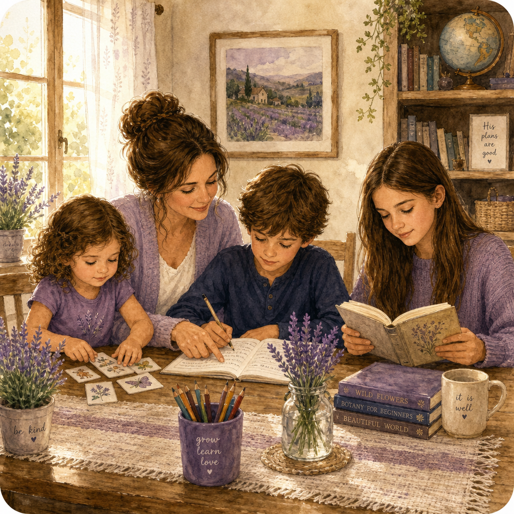 A caring educator teaching several children of different ages, each with their own level-appropriate version of the same lesson