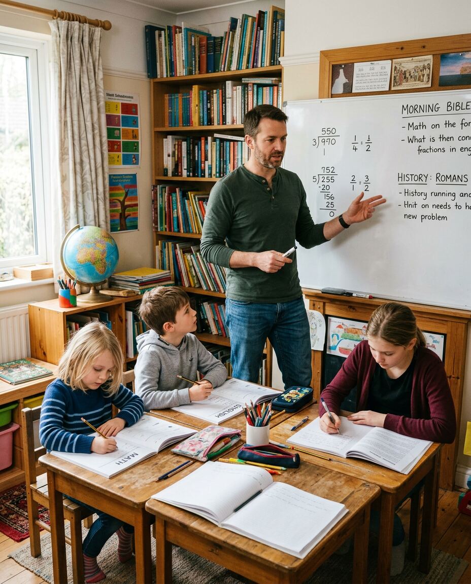 A homeschooling dad teaching three kids in a dedicated home schoolroom
