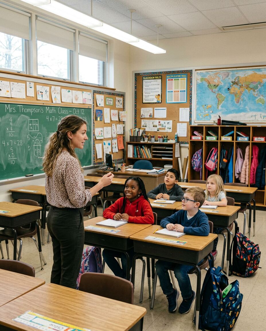 A teacher leading a small mixed-age homeschool group with books and an iPad