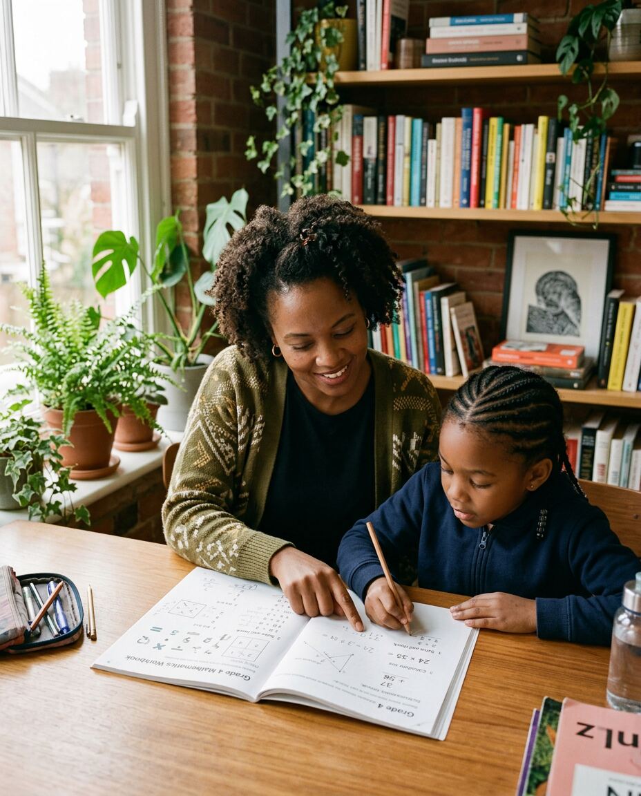 A tutor working through a math workbook with her student