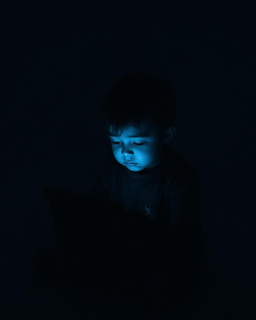 A child alone in a dim room lit only by a tablet screen