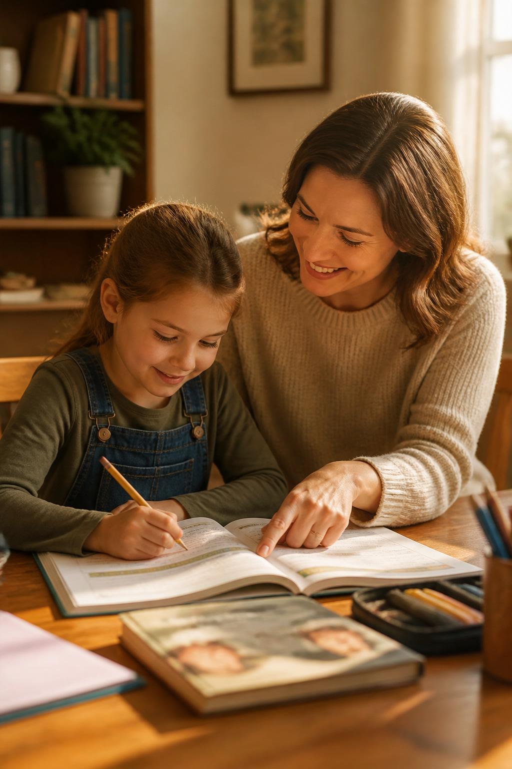 A parent and child reading together on a sunlit sofa